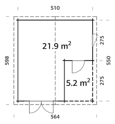 Zahradní domek Irene 21,9 + 5,2 m2 (530x570 cm) tl.44 mm