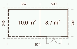 ZAHRADNI DOMEK Ella 8,7 + 10,0 m2 670 x 320 tl.: 28 mm